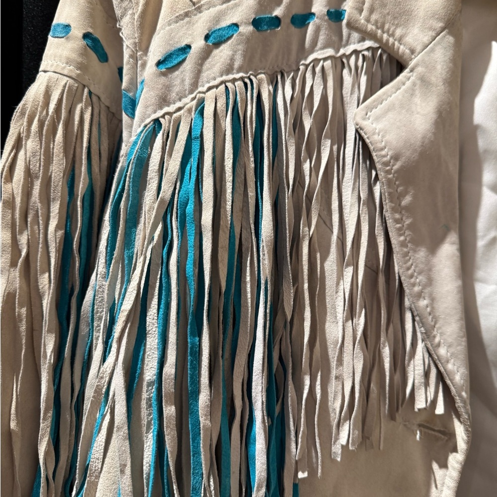 Pioneer Wear Women's Fringe Leather Jacket - Cream and Teal - Picture 2 of 7